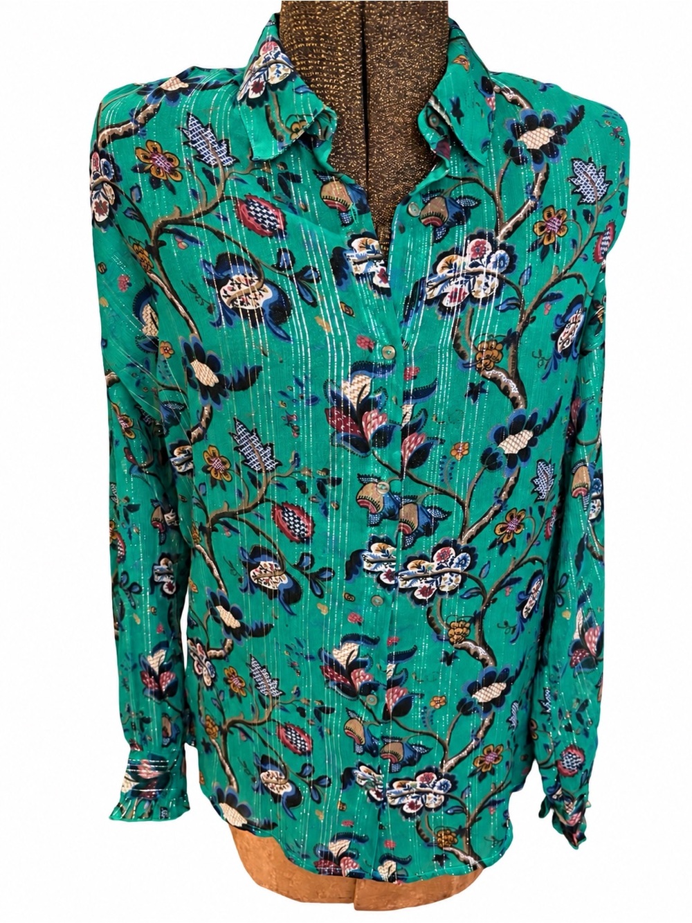Scotch & Soda Maison Scotch Emerald Floral Sheer Metallic Blouse Size 6 - Picture 5 of 14